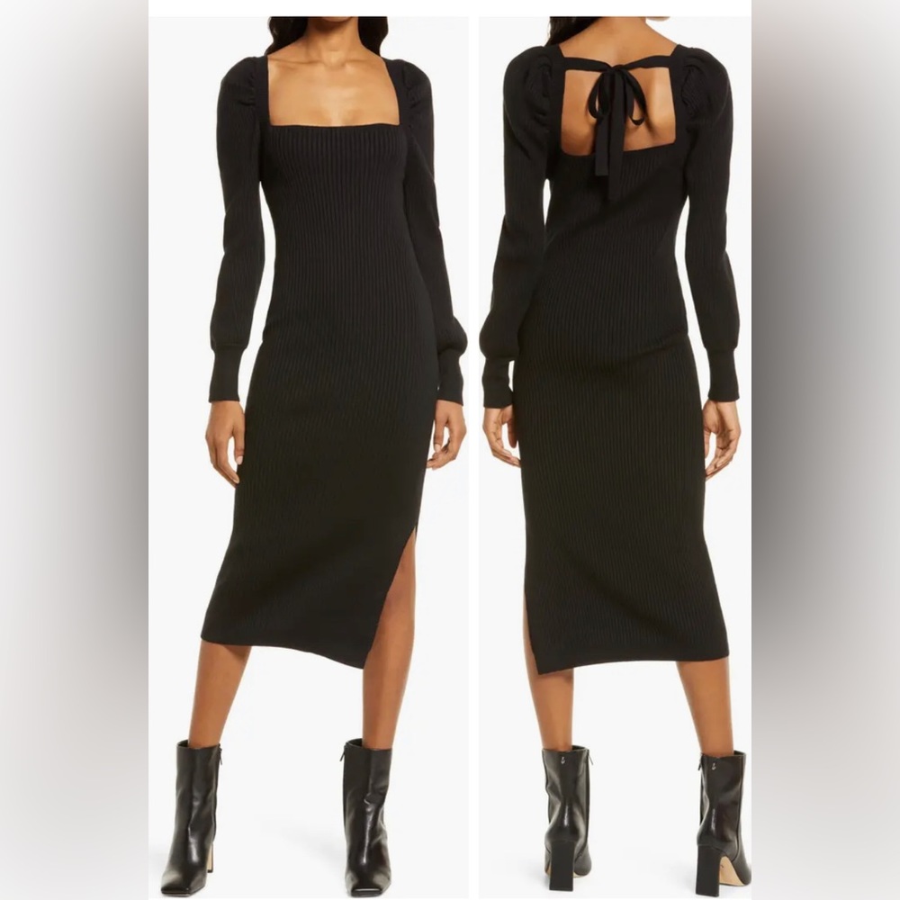 Charles Henry XS Square Neck Tie Back Puff Long Sleeve Sweater Dress